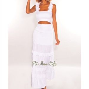 White Smocked Ruffle Maxi Skirt Two Piece Set
